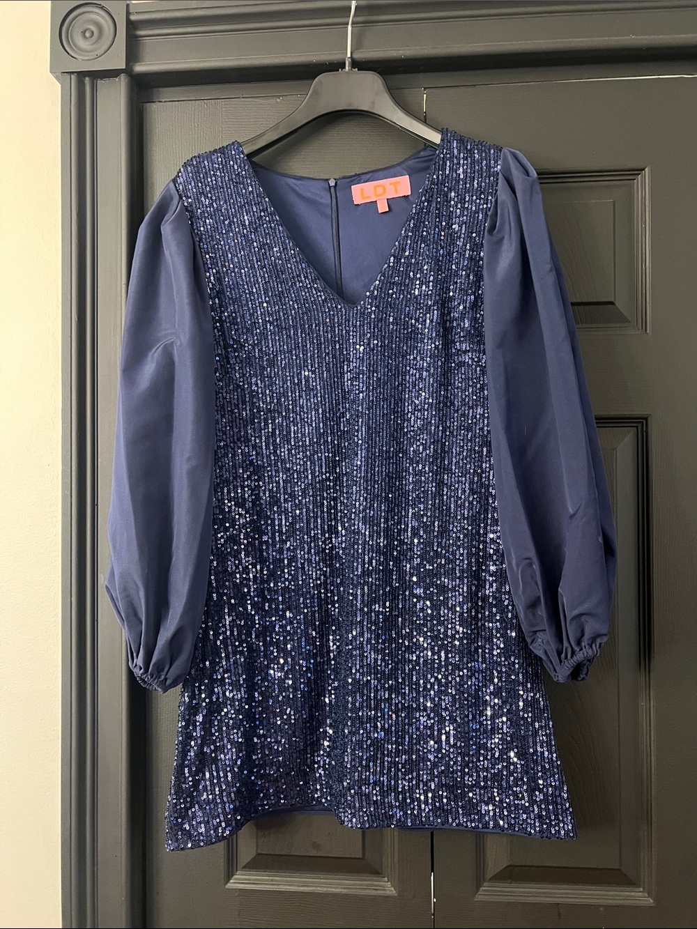 LDT Women's Navy Sequin V-Neck Dress with Puff Long Sleeves